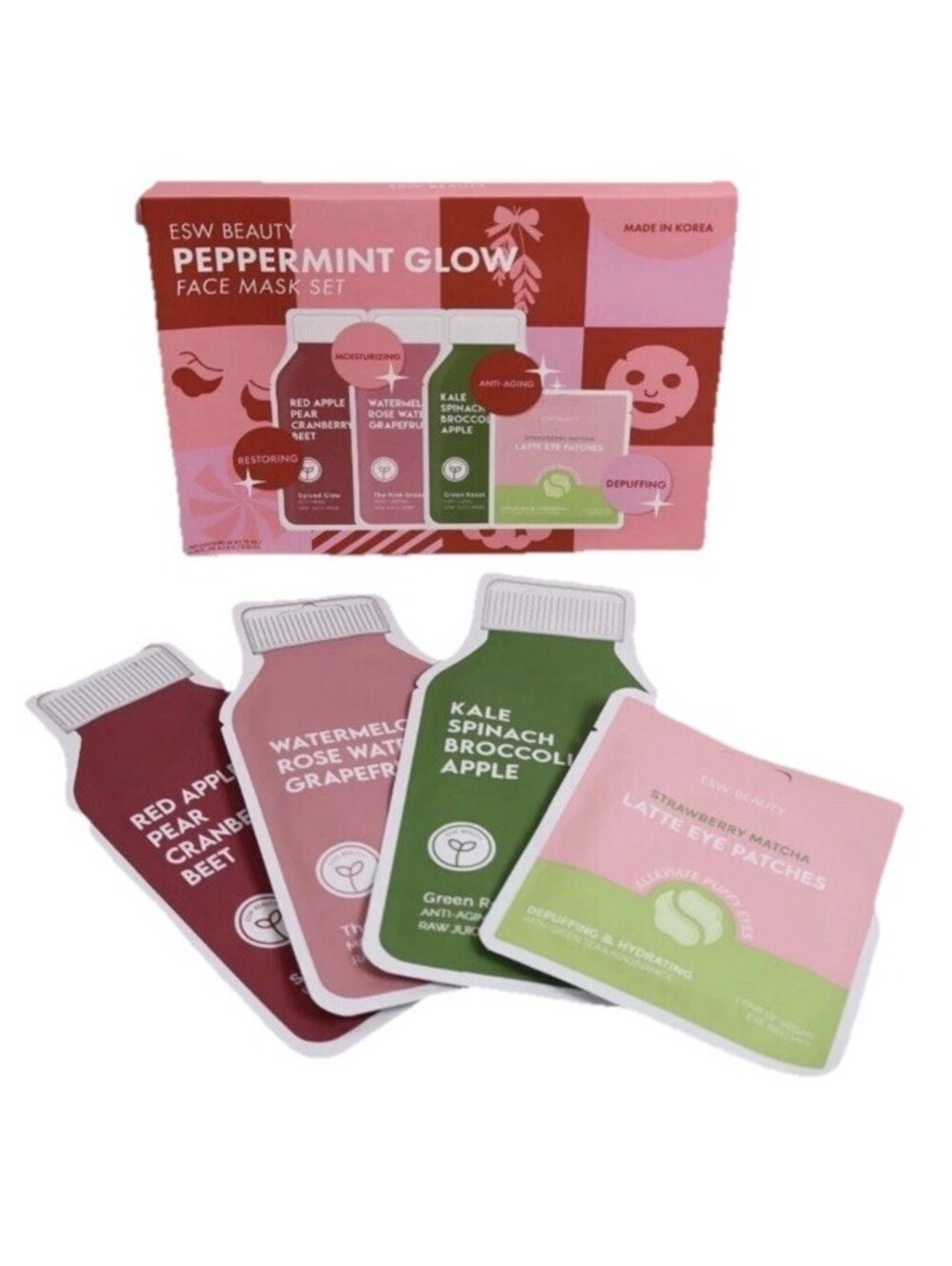 ESW Beauty Peppermint Glow Face Mask Set 3 Sheet Masks & 1 Pair Eye Patches NEW